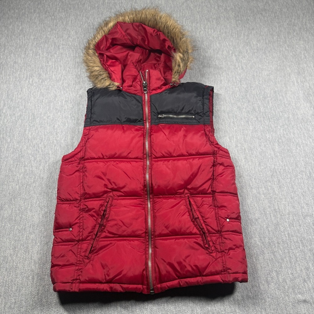 G BY GUESS Puffer Vest Womeen S Red Black‎ Faux Fur Hood Full Zip Sleeveless